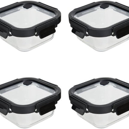 Vershoudbakjes - Set van 4 - Bewaarbakjes met Deksel - Magnetronbestendige Lunchbox - Voedselcontainer - Vierkante - 500ml - Borosilicaat Glas - 15.2 x 15.2 x 6.9 cm - Transparante en Zwart Deksel