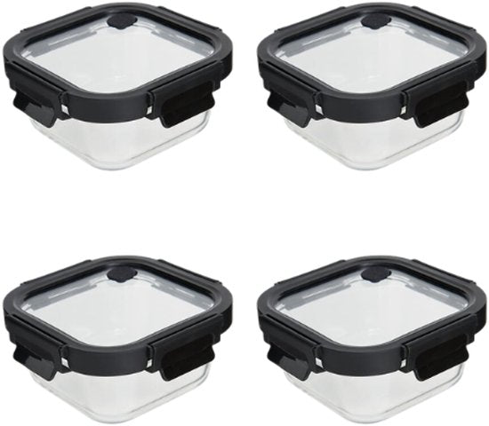Vershoudbakjes - Set van 4 - Bewaarbakjes met Deksel - Magnetronbestendige Lunchbox - Voedselcontainer - Vierkante - 500ml - Borosilicaat Glas - 15.2 x 15.2 x 6.9 cm - Transparante en Zwart Deksel