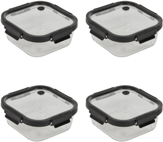 Vershoudbakjes - Set van 4 - Bewaarbakjes met Deksel - Magnetronbestendige Lunchbox - Voedselcontainer - Vierkante - 1.1 Liter - Borosilicaat Glas - 19.3 x 19.3 x 8.1 cm - Transparante en Zwart Deksel