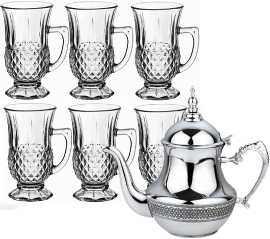 Hakal - Marokkaanse Theepot & Drinkglazen Set - 1L - RVS Theepot - 6 Drinkglazen met Handvat 125ml - Transparant & Zilver