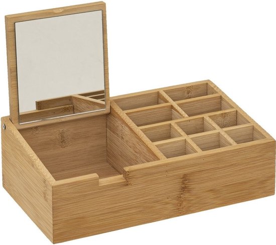 Makeup organizer 11 compartments with mirror 24.5 x 8 cm made of bamboo - Nail polish holder - Makeup holder - Organizers