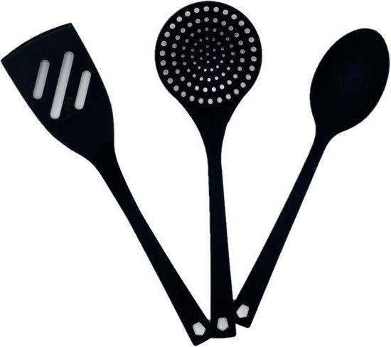 Basic & Co | Pollepel |  Kookgerei | Zwart | Inclusief Spatel & Opscheplepel | 29cm | Nylon | Compact & Hygiënisch |