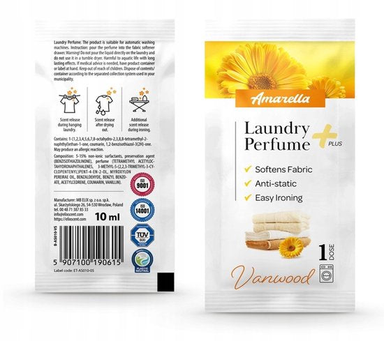 Elix - Amarella Wäscheparfüm - Set mit 4 Sachets - Wäscheparfüm - Weichspüler-Parfüm - Antistatische Bügelhilfe - Langanhaltend - 10 ml Sachet - Vanwood