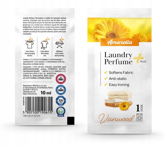 Elix - Amarella Laundry Perfume - Laundry Perfume - Fabric Softener Fragrance - Anti-static Ironing Aid - Long-lasting - 10 ml Sachet - Vanwood