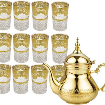 Hakal - Sultana Arabische Theepot & Marokkaanse Theeglazen Set - 1.5L - RVS Theepot - 12 Theeglazen 160ml - Goudkleurig Motief