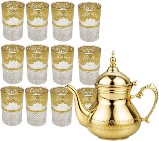 Hakal - Sultana Arabische Theepot & Marokkaanse Theeglazen Set - 1.5L - RVS Theepot - 12 Theeglazen 160ml - Goudkleurig Motief