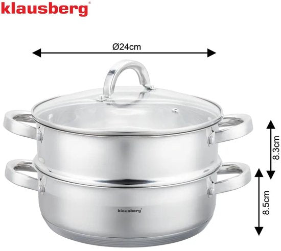 Klausberg - Steamer - 3-piece Stainless Steel Steaming Set - Steamer Insert - Glass Lid - Induction - Gas - Electric - Stainless Steel - 3.5 Liters - 24 x 8.5 cm - Silver