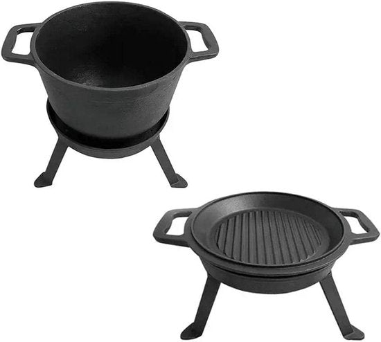 Kinghoff KH1732 - Gietijzeren Camping Kookset 3-in-1 (5L) - Grillpan, Deksel & Pan - Kookstel - Kamperen - Cookingset