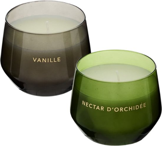 Geurkaars - Glowy Geurkaars in Glazen Pot - Vanille & Orchid - Scented Candle - Set van 2 - Luxe Woondecoratie - 300g - Ø10 x 7.8 cm - Zwart & Groen