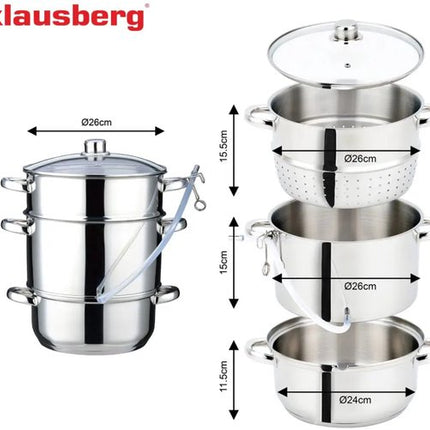 Klausberg Stoomsapcentrifuge - Steam Juicer voor Fruit & Groenten - Inductie Geschikt - Sapmaker met Slang - 8L - RVS - Ø26cm - Zilver