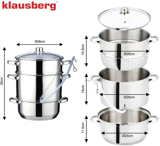 Klausberg Stoomsapcentrifuge - Steam Juicer voor Fruit & Groenten - Inductie Geschikt - Sapmaker met Slang - 8L - RVS - Ø26cm - Zilver
