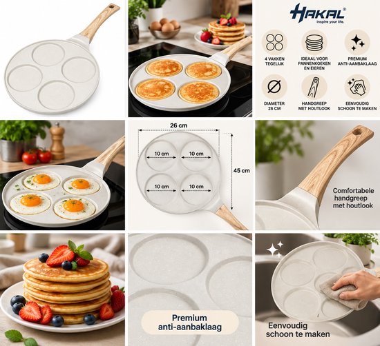 Hakal Pancake Pan with 4 Sections – Ø26 cm – Non-stick Coating – Pancake & Egg Pan – Wood-look Handle – Cream