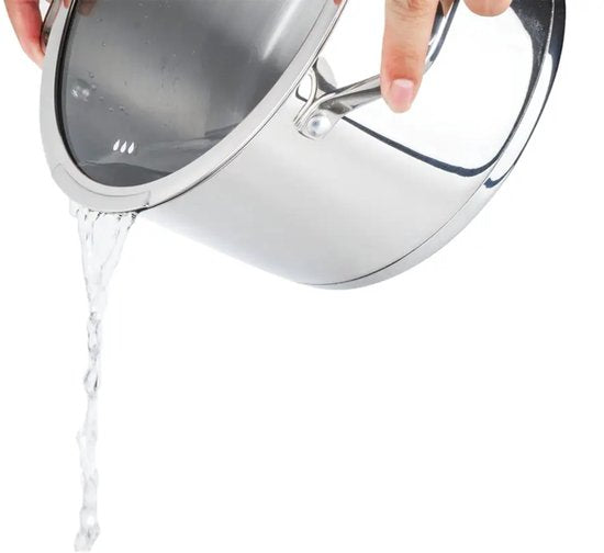 Kookpan 18 cm met glazen afgietdeksel en maataanduiding, 2,6 liter, rvs