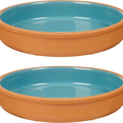 La Dehesa Tapas serveerschaal - 2x stuks - terracotta - blauw - D23 x H4 cm - hapjes serveren - ovenschaal - rond
