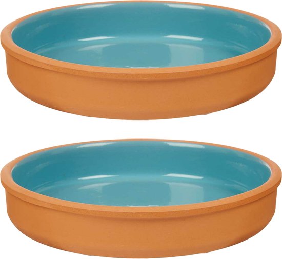 La Dehesa Tapas serveerschaal - 2x stuks - terracotta - blauw - D23 x H4 cm - hapjes serveren - ovenschaal - rond