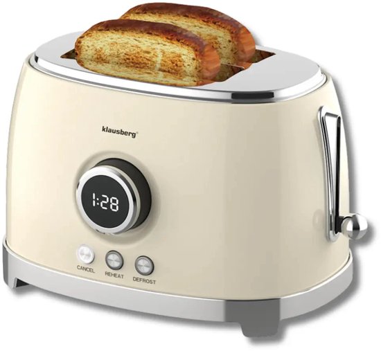 Klausberg - Toaster - Kitchen Toaster - Toaster with LED Display and 6 Settings - Wide Slot Toaster - 2 Slices - Retro Design - Defrost & Reheat Function - 850W - approx. 28.5 x 18.5 x 20 cm - Beige