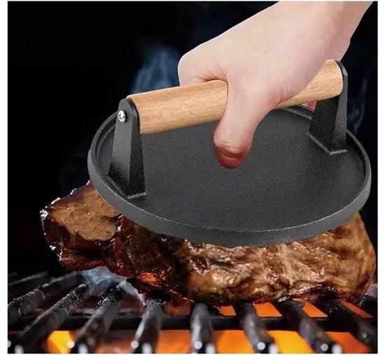 Kinghoff Gietijzeren Hamburgerpers Ø18 cm – Vleesprasser met Houten Handvat – Model KH-1759