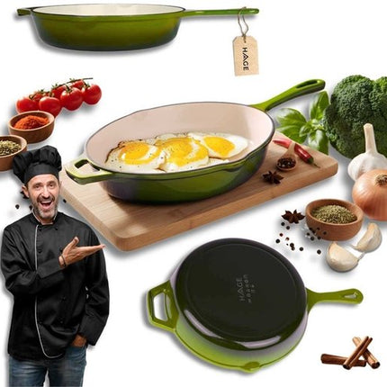 Hage - Koekenpan - Geëmailleerde Gietijzeren Koekenpan - Cast Iron Frying Pan - Geschikt voor Inductie, Gas & Oven - Ø26 cm - Olijfgroen