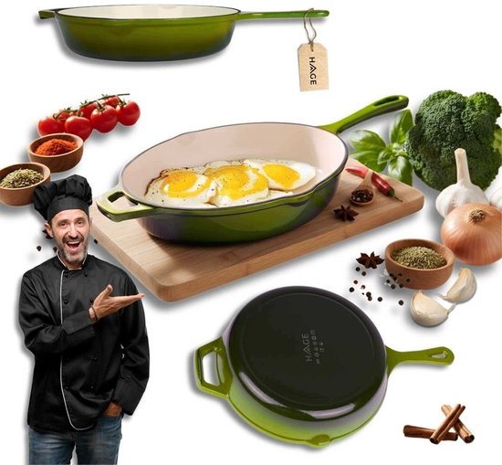 Hage - Frying Pan - Enameled Cast Iron Frying Pan - Cast Iron Frying Pan - Suitable for Induction, Gas & Oven - Ø26 cm - Olive Green
