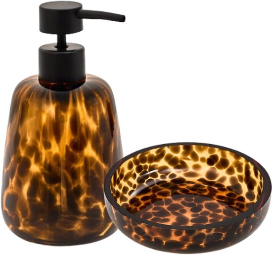 Badkameraccessoireset - Luxe Badkamer Set - Dotty 400ml Zeeppompje en 11cm Zeepbakje - Glazen Zeepset Voor Toilet & Keuken - Bruin