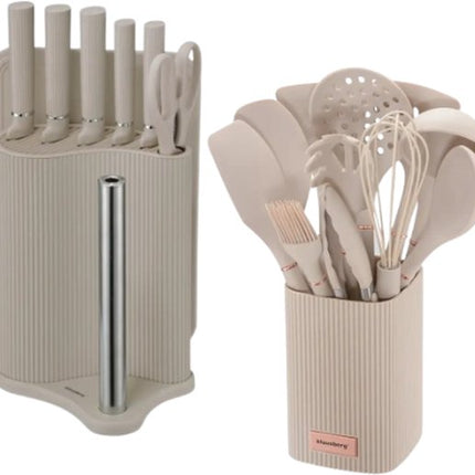 Klausberg - Keuken Set - Keuken Accessoires Set - 8-Delig - Messenset met Houder & 12-Delig - Siliconen Keukengerei Set - Beige