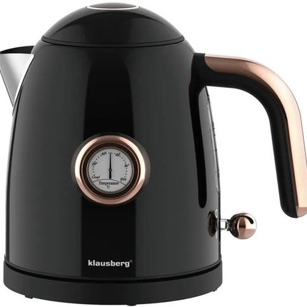 Klausberg - Waterkoker - Retro Waterkoker - Kleine Elektrische Waterkoker - Thee Waterkoker met Thermometer - Compacte Waterkoker Design - Keukenapparaat - 1L - 1200W - RVS - Zwart