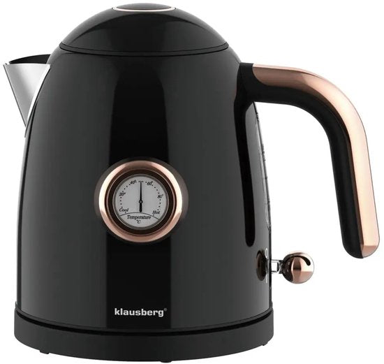 Klausberg retro waterkoker met thermometer – 1 liter, 1200 W, RVS zwart