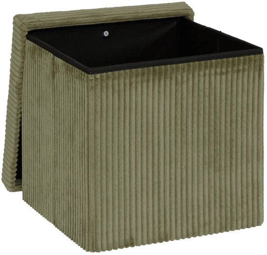 Atmosphera Hocker / Poef Essestial Ribcord - opvouwbaar - groen - MDF/polyester - 38 cm - met opbergruimte - extra zitplaatsen