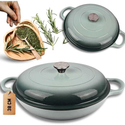 Hage - Braadpan - Lage Gietijzeren Braadpan met Deksel - Geëmailleerd - Oven & Inductie Geschikt - Voor Braden, Stoven en Ovenschotels - 3 Liters - 40.5 x 30 x 10.5 cm - Mintgroen
