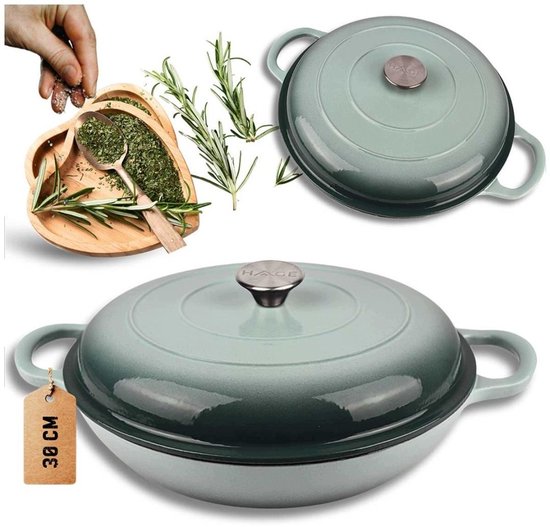 Hage - Casserole Dish - Low Cast Iron Casserole Dish with Lid - Enamelled - Oven & Induction Suitable - For Roasting, Stewing and Casseroles - 3 Litres - 40.5 x 30 x 10.5 cm - Mint Green