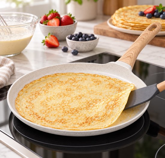 Hakal Crêpepan Ø24 cm – Pannenkoekenpan met Anti-aanbaklaag – Lage Rand – Houtlook Handgreep – Crème/Wit