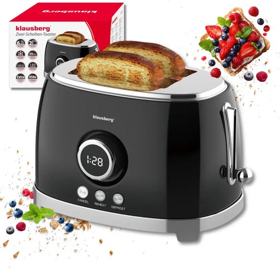 Klausberg - Bread Toaster - Kitchen Toaster - Toaster with LED Display and 6 Settings - Wide Slot Toaster - 2 Slices - Retro Design - Defrost & Reheat Function - 850W - approx. 28.5 x 18.5 x 20 cm - Black
