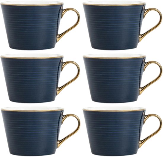 Homla - Renne Mok - Grote Koffiemok - Set van 6 - Theemok - Cappuccino Mok - Vaatwasser Bestendig - 450 ml - Keramiek - 15 x 12 x 9 cm - Donkerblauw