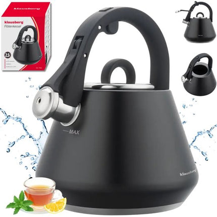 Klausberg 7948 - Fluitketel met fluit - 2.5 liter - RVS - zwart