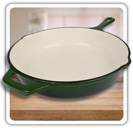 Hage - Gietijzeren Koekenpan - Geëmailleerde Bakpan met Hoge Rand - Inductie, Gas, Elektrisch & Ovenbestendig - Voor Bakken en Braden - Gelijkmatige Warmteverdeling - Ergonomisch Handvat - Ø26 cm - Flesgroen
