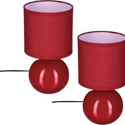 Timéo Bol Tafellamp - Keramische Lamp - Set van 2 - Moderne Tafellamp met Kabel - Sfeerverlichting voor Woonkamer - Slaapkamer - Bureau - 25cm in Hoogte - Rood