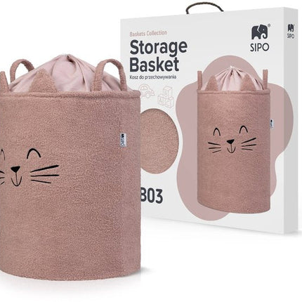 SIPO Grote Opbergmand voor Speelgoed - XL Formaat 43 Liter - Roze Boucle Stoffen Kitten Print - met Trekkoord - 45x43x5cm
