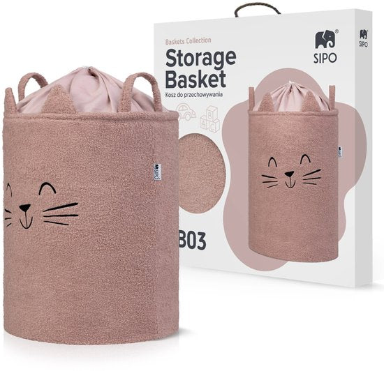 SIPO Grote Opbergmand voor Speelgoed - XL Formaat 43 Liter - Roze Boucle Stoffen Kitten Print - met Trekkoord - 45x43x5cm