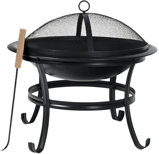 KINGHoff - Fire Pit - Outdoor Garden Fireplace with Grill - Patio Fire Pit with Spark Screen - Charcoal Garden Fire Pit - Includes Poker - Metal - Ø54.5 x 53 cm - Black