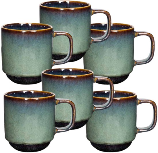 Jade Green Cup - Coffee Mug - Tea Cup - Set of 6 - Round Design - Earthenware - 300ml - Dark Green