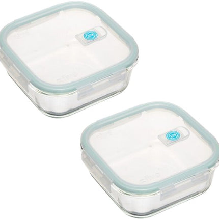 Vershoudbak - Glazen Vershoudbak - Voorraaddoos met Deksel - Set van 2 - Luchtdichte - Borosilicaat Glas - Vierkant - 1.18L - 18.3x18.3x7.3 cm - Blauw