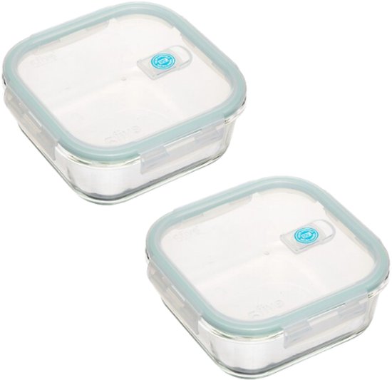 Vershoudbak - Glazen Vershoudbak - Voorraaddoos met Deksel - Set van 2 - Luchtdichte - Borosilicaat Glas - Vierkant - 1.18L - 18.3x18.3x7.3 cm - Blauw