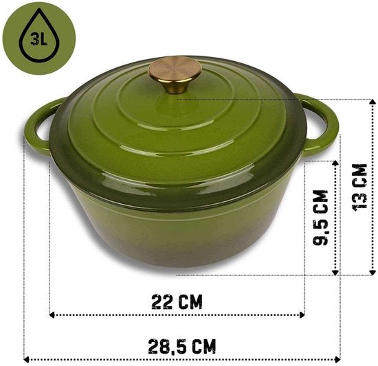 Hage - Gietijzeren Kookpot - Geëmailleerde Braadpan met Deksel - Stoofpan voor Inductie & Oven - Ovenvaste Kookpan - Inclusief Siliconen Pannenhouder & 2 Handvatten - 3 Liters - Ø22 x 13 cm - Olijfgroen