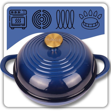 Hage - Broodbakpan - Geëmailleerde Gietijzeren Broodpan met Deksel - Voor Knapperig Brood & Ovenschotels - Geschikt voor Inductie, Gas & Oven - Inclusief Pannenhouder & Handbeschermers - 2 Liter - Ø26 x 16.5 cm - Blauw