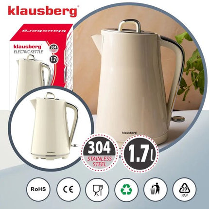 Klausberg - Waterkoker - Elektrische Waterkoker - Thee & Koffie Koker - Grote Waterkoker Snelkoker - Keuken Waterkoker Modern - 1.7L - RVS - 2200W - Crème
