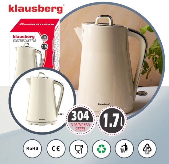 Klausberg elektrische waterkoker 1,7 liter – rvs, 2200 W, crème met chroom – foto 3