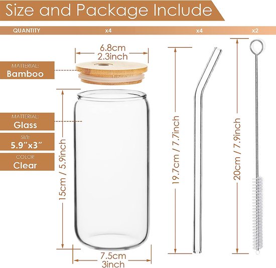 4-piece drinking glass set with lids and straws, bubble tea cup, iced coffee glasses, 500 ml, bear can cocktail glasses, iced coffee cup for milkshakes, juices, smoothies (semi-sealed)