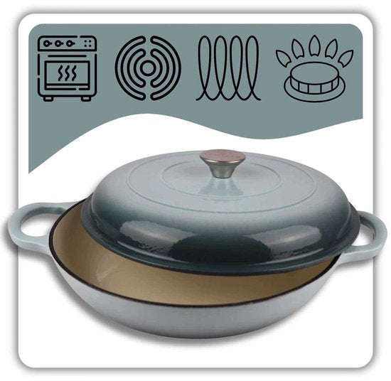 Hage - Casserole Dish - Low Cast Iron Casserole Dish with Lid - Enamelled - Oven & Induction Suitable - For Roasting, Stewing and Casseroles - 3 Litres - 40.5 x 30 x 10.5 cm - Mint Green