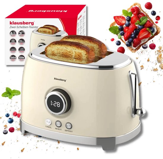 Klausberg - Toaster - Kitchen Toaster - Toaster with LED Display and 6 Settings - Wide Slot Toaster - 2 Slices - Retro Design - Defrost & Reheat Function - 850W - approx. 28.5 x 18.5 x 20 cm - Beige
