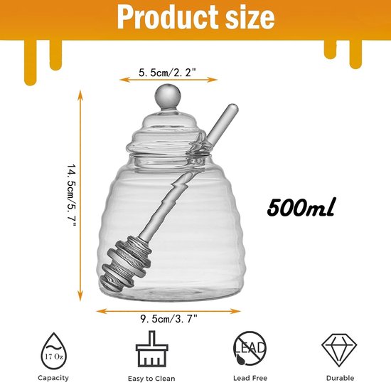 500 ml glass honey pot with honey dipper and lid, transparent glass honey jar for serving honey and syrup
